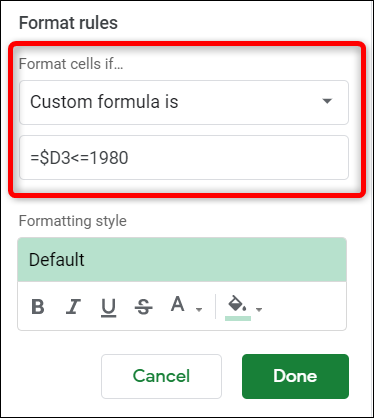 Digite a fórmula que deseja usar para pesquisar dados.  Certifique-se de usar o cifrão antes da letra da coluna.  Isso garante que a fórmula analise apenas a coluna especificada.