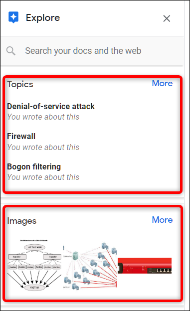 Se o Google Explore encontrar tópicos relacionados em seu documento, ele irá sugeri-los assim que a ferramenta for aberta.