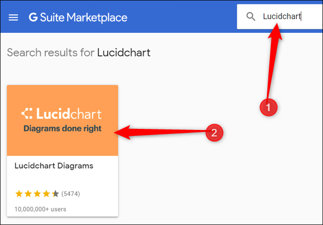 Digite "LucidChart" na barra de pesquisa, pressione Enter e clique no ícone LucidChart.