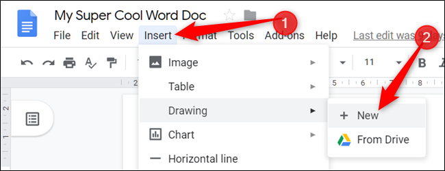 Clique em “Inserir”, selecione “Desenho” e clique em “+ Novo”.