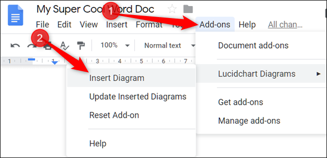 Clique em “Add-ons”, selecione “LucidChart Diagrams” e, em seguida, clique em “Insert Diagram”.