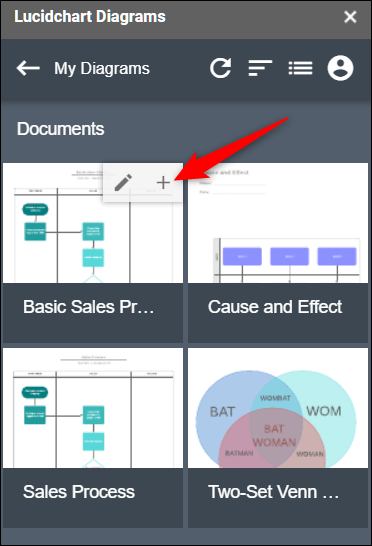 Clique no sinal de mais (+) para inserir um diagrama em seu documento.