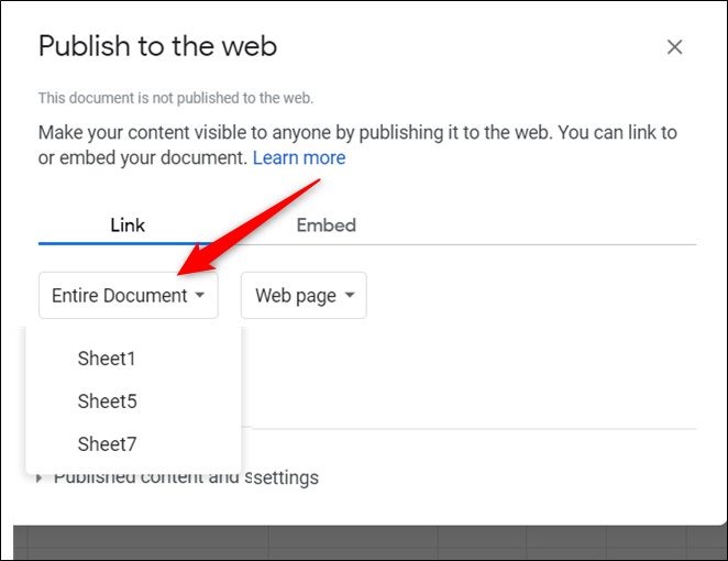 Clique em "Documento inteiro" e, em seguida, escolha a planilha que deseja publicar no menu suspenso.