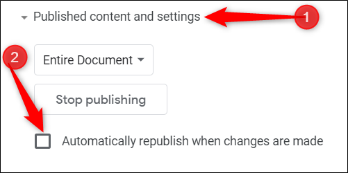 Clique em "Conteúdo publicado e configurações" e desmarque a caixa ao lado de "Republicar automaticamente quando as alterações forem feitas".