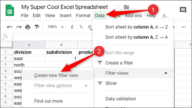 Clique em Dados> Visualizações de filtro> Criar nova visualização de filtro.