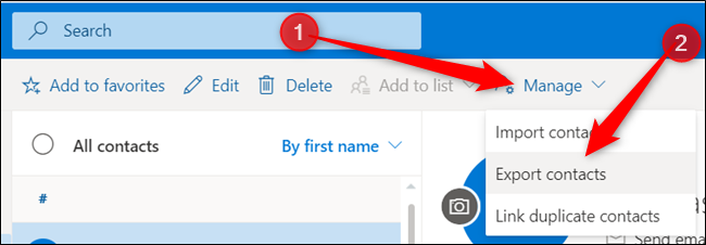 Clique em “Gerenciar” e, em seguida, clique em “Exportar contatos”.