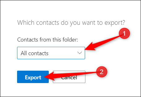 Escolha “Todos os contatos” ou outra pasta com informações de contato e clique em “Exportar”.