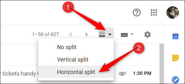 Clique no novo ícone que aparece na sua caixa de entrada e escolha a divisão vertical ou horizontal.