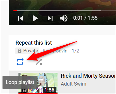 Quando o primeiro vídeo carregar, clique no ícone Loop, localizado abaixo do vídeo.