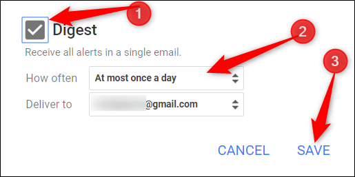 Quer ter todos os seus alertas agrupados em um e-mail?  Clique na caixa de seleção ao lado de "Resumo" para especificar a frequência de envio e clique em "Salvar".