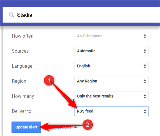 Altere a lista suspensa de "Entregar para" para "RSS feed" e clique em "Atualizar alerta".
