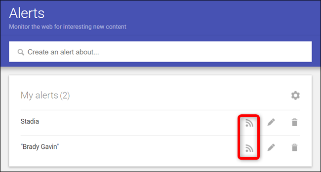 Um ícone de feed RSS aparecerá ao lado do alerta que você criou.