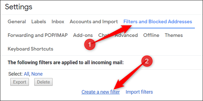 Clique em “Filtros e endereços bloqueados” e, em seguida, clique em “Criar um novo filtro”.
