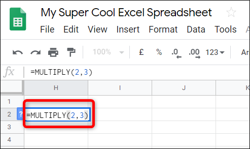 Clique em uma célula vazia e digite "= Multiply (2,3)" e pressione a tecla Enter para encontrar o produto de 2 e 3.