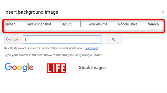 Você pode selecionar uma imagem de uma infinidade de mídias, incluindo o Google Drive ou pesquisar por uma usando o Google, Life ou Stock Images.