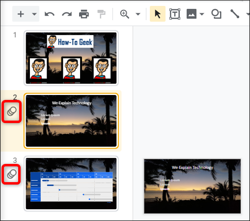 Os slides que têm uma transição ou animação terão um ícone especial próximo ao slide no painel do lado esquerdo.