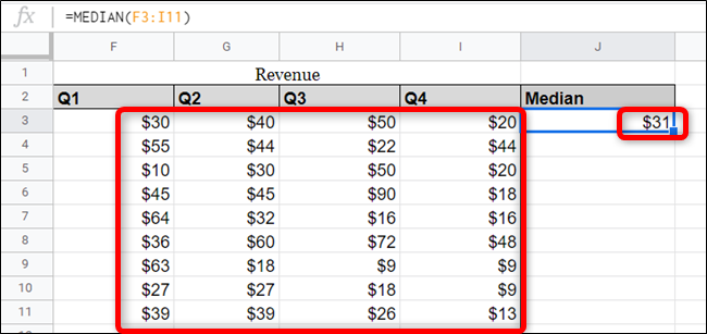 A função estimará uma mediana se houver um número par de valores inseridos.  O valor estimado está entre os dois valores do meio.