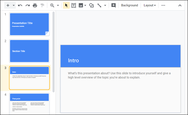 Abra o Apresentações Google e prepare a base de um modelo para usar.