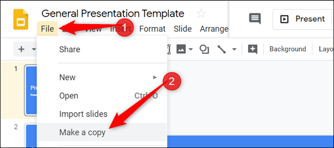 Ao visualizar o modelo, clique em Arquivo> Fazer uma cópia para duplicar o arquivo em seu Drive.