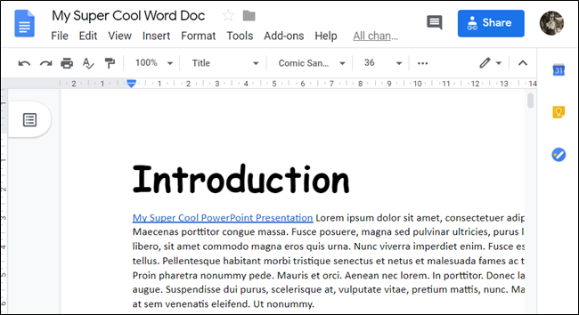 Um documento aberto no Google Docs. 