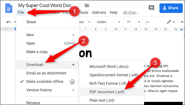 Clique em Arquivo> Download e escolha "Documento PDF" na lista de tipos de arquivo.