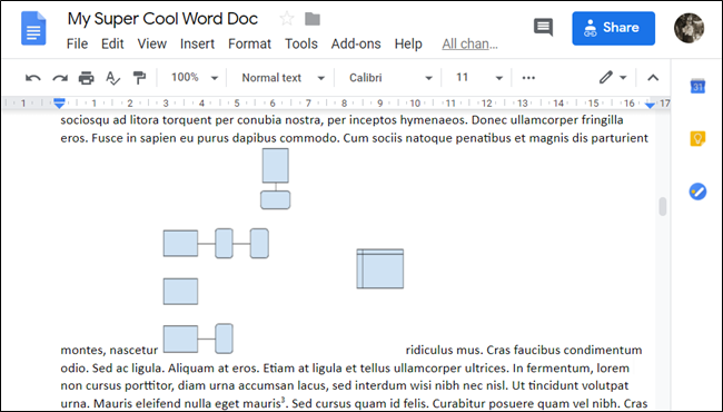 Quebra automática de texto embutida em um documento do Google.