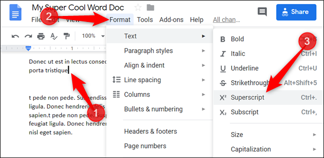 Clique em Formatar> Texto e escolha "Subscrito" ou "Sobrescrito" na lista de opções.