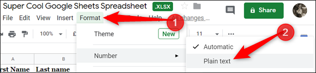 Em seguida, clique em Formatar> Número e, em seguida, clique em "Texto simples".