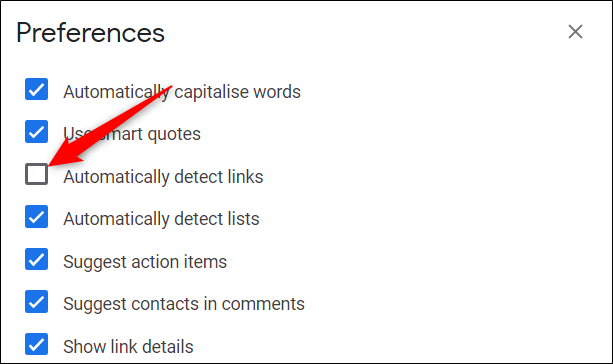 Desmarque a caixa ao lado de "Detectar links automaticamente" para evitar a detecção automática.