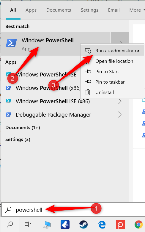 Digite “PowerShell” na barra de pesquisa, clique com o botão direito em “Windows PowerShell” e clique em “Executar como administrador”.