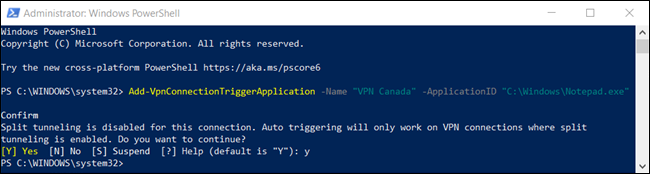 O comando "Y" para confirmar o túnel dividido é desabilitado por padrão em uma janela do PowerShell.