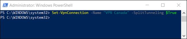 O comando "Set-VpnConnection -Name" <VPNConnection> "-SplitTunneling $ True" em uma janela do PowerShell. 