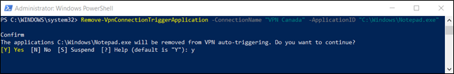 "Y" confirmando a exclusão de um disparador automático em uma janela do PowerShell. 