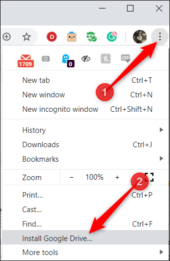 Clique nos três pontos no canto superior direito e, em seguida, clique em "Instalar Google Drive".