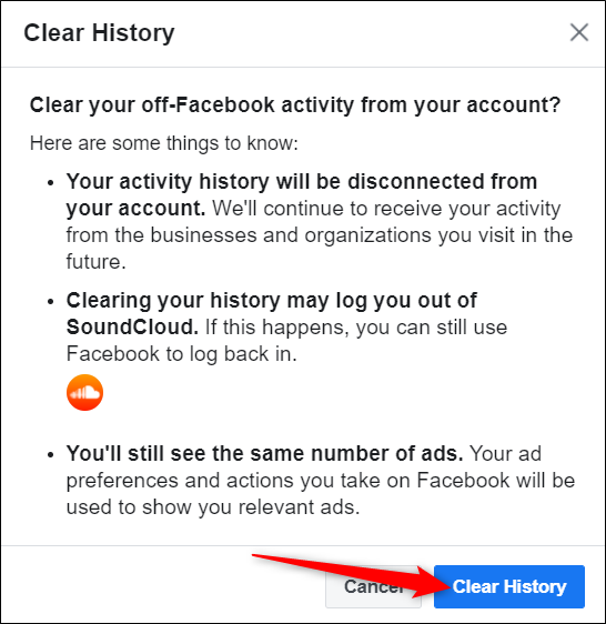 Clique em "Limpar histórico" para remover todo o histórico de atividades de sua lista de atividades fora do Facebook.