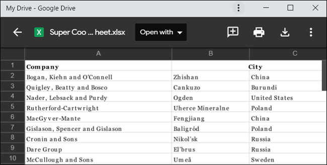 Uma planilha do Excel em uma janela de visualização do Google Drive.