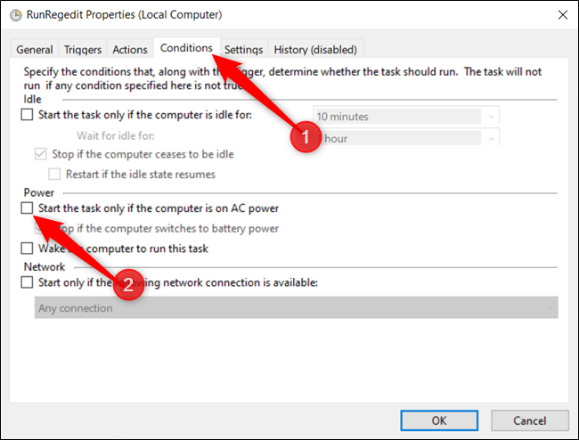 Desmarque a caixa ao lado de “Iniciar a tarefa somente se o computador estiver com alimentação CA”.