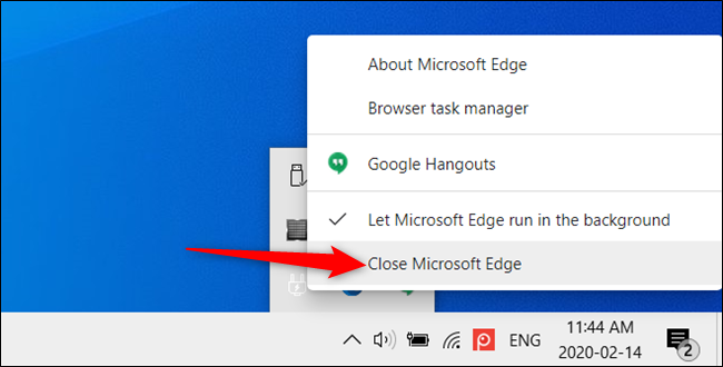 Para fechar o Edge temporariamente, clique em "Fechar Microsoft Edge" no menu.