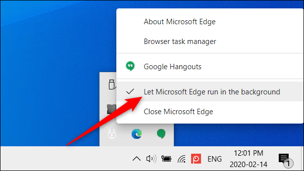 Clique em "Permitir que o Microsoft Edge seja executado em segundo plano" para desativar esse recurso.