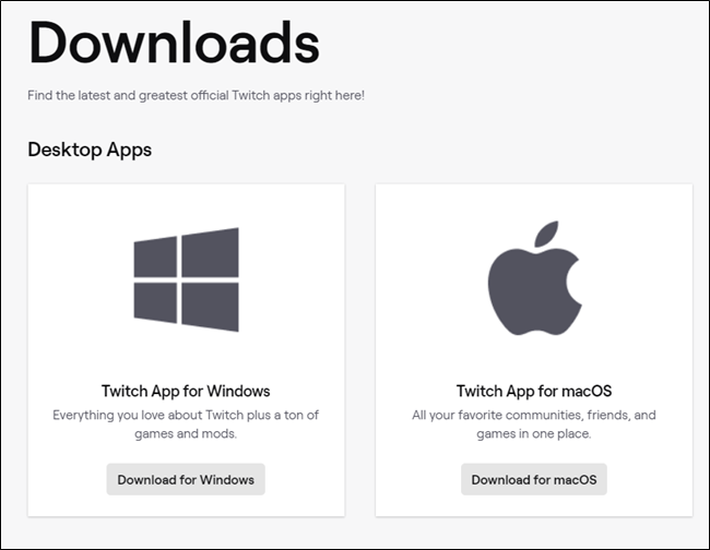 O menu "Downloads" do aplicativo Twitch Desktop.