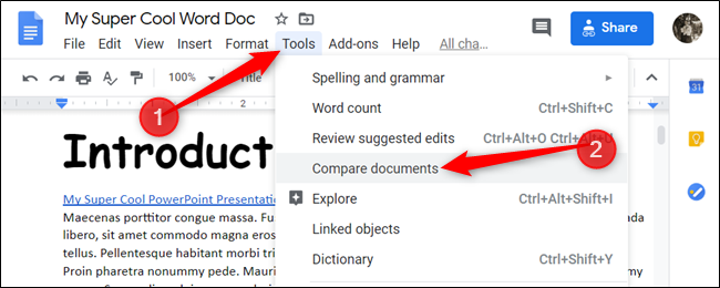 Clique em Ferramentas> Comparar documentos.