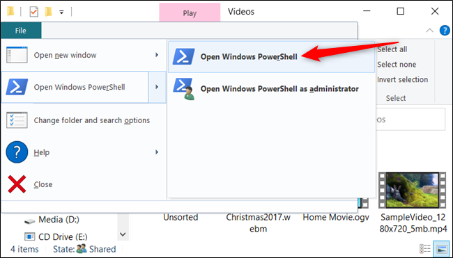Clique em Arquivo> Abrir Windows PowerShell> Abrir Windows PowerShell para abrir o Windows PowerShell.