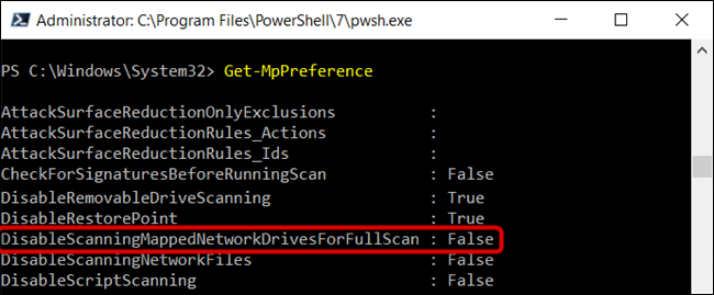 O "DisableScanningMappedNetworkDrivesForFullScan" está definido como False.