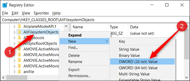 Clique com o botão direito na chave e escolha Novo> Valor DWORD (32 bits).  Nomeie o DWORD DefaultDropBehavior.