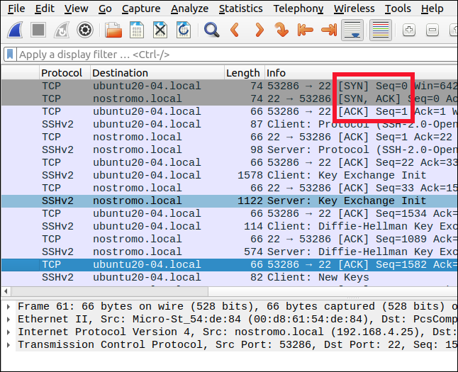 Wireshark mostrando os pacotes de handshake de três vias.