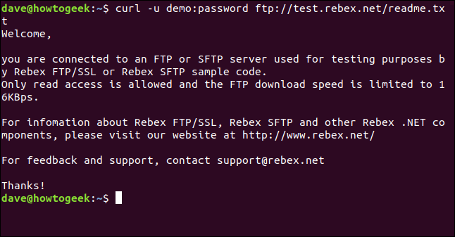 O conteúdo de um arquivo recuperado de um servidor FTP exibido em uma janela de terminal
