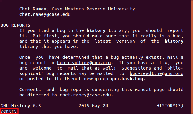 Um termo de pesquisa "? Entry" para pesquisar para cima em uma página de manual em uma janela de terminal.