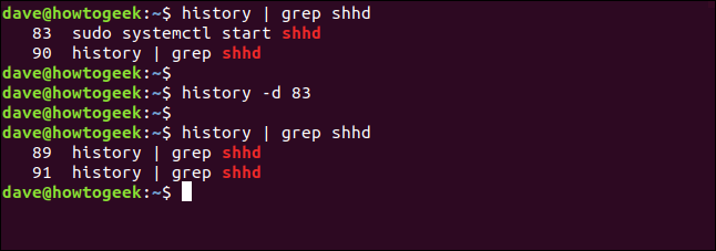 O comando "history | grep shhd" em uma janela de terminal.