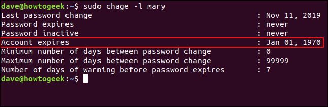 Saída do comando "chage", mostrando uma data de vencimento da conta de "01 de janeiro de 1970" em uma janela de terminal.