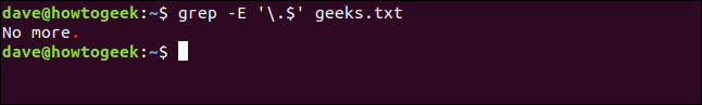 O comando "grep -e '\. $' Geeks.txt" em uma janela de terminal.